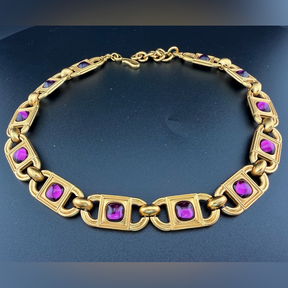 Monet for YSL 1980s Amethyst Glass Cabochon Link Necklace and earrings 68g
